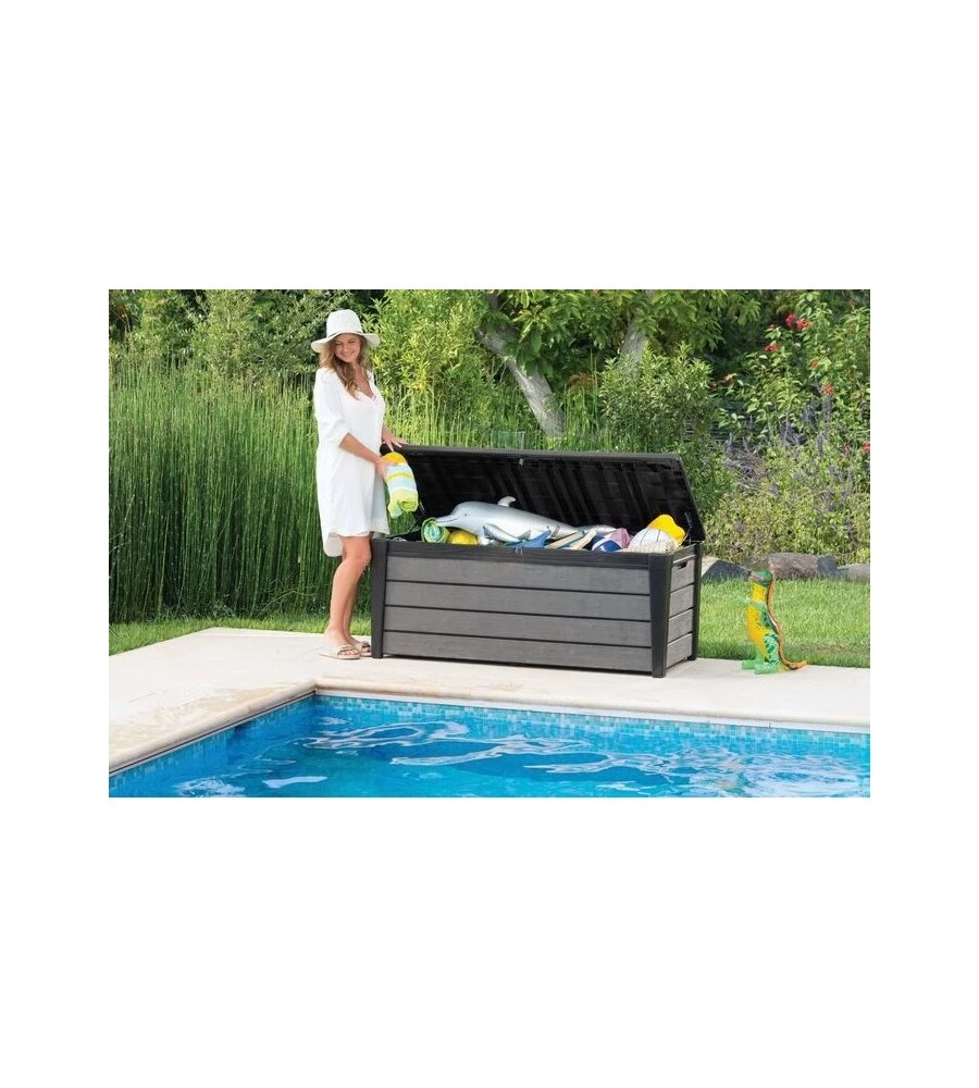 Baule da esterno keter "brushwood" in resina grafite effetto legno 454 lt 145x69,7x60,3 cm